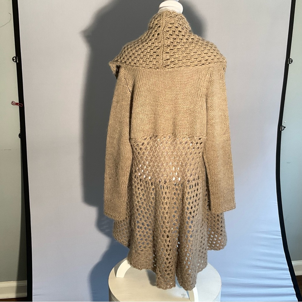 Anthropologie Elsamanda 2X Open Knit Hi/Lo Taupe Cardigan with Shawl Collar - Picture 7 of 16
